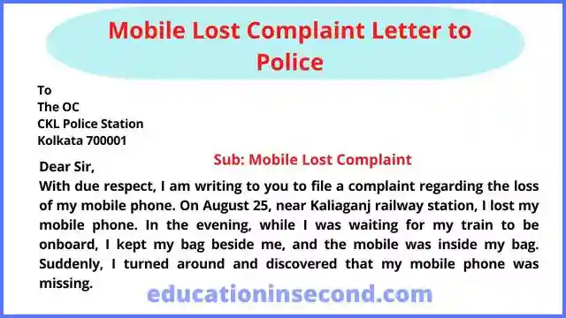 Mobile Lost Complaint Letter to Police